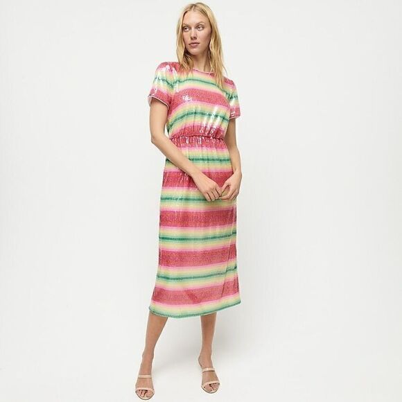 NWT J.Crew Theresa Stripe Dress Sequin Watermelon - Picture 1 of 6